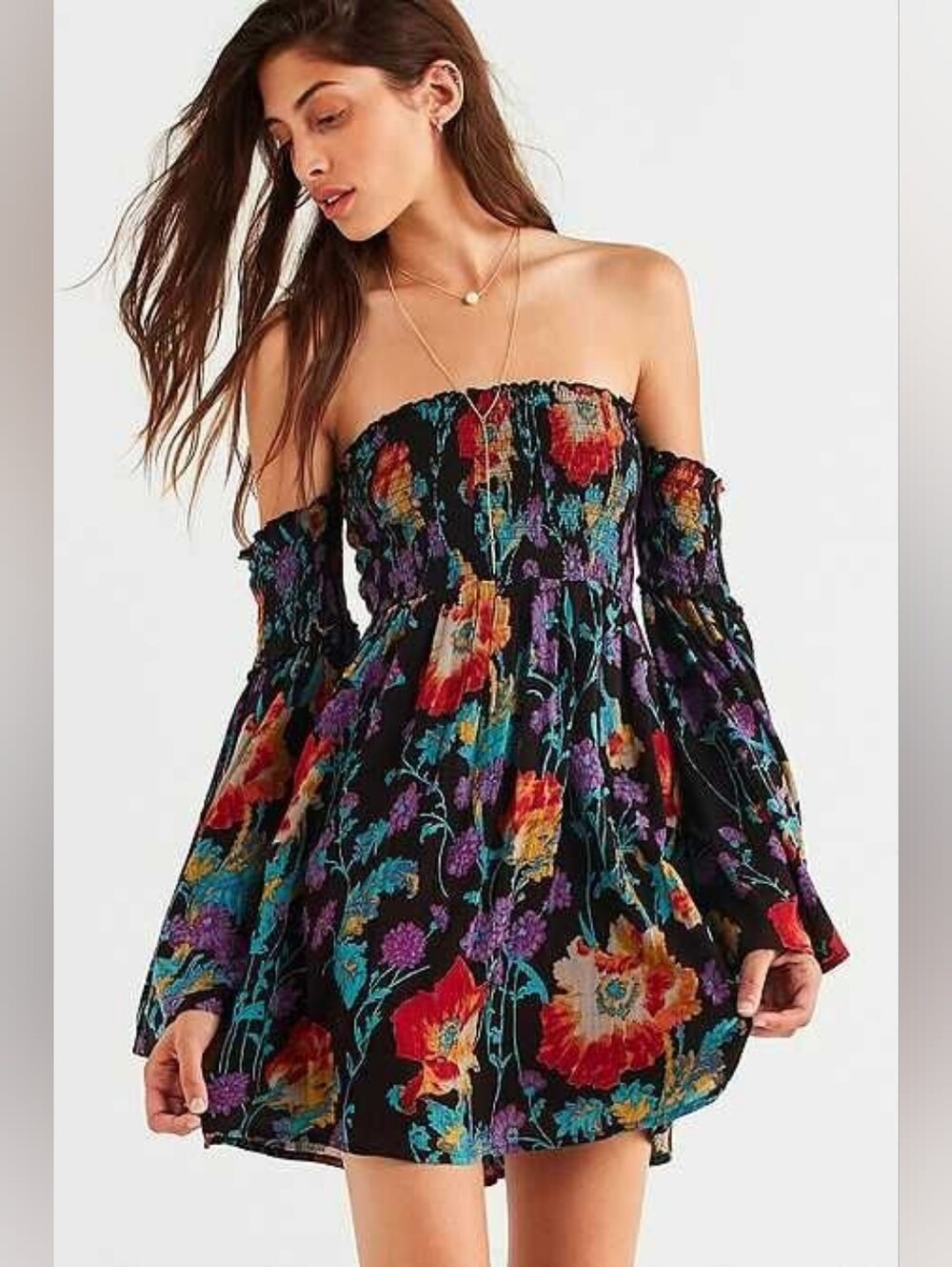Elora Black Off-Shoulder Colorful Floral Smocked Tunic Mini Dress